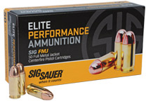 Sig Sauer Elite Performance Pistol Ammunition E357B1, 357 Sig, Full Metal Jacket, 125 GR, 1356 fps, 50 Rd/bx