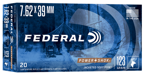 Federal Premium Power Shok Rifle Ammunition 76239B, 7.62 mm X 39 mm, Soft Point (SP), 123 GR, 2300 fps, 20 Rd/bx