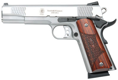 Smith & Wesson 1911 eSeries Pistol 108482, 45 ACP, 5 in, Laminate Wood Grip, Stainless Finish, 8 Rd