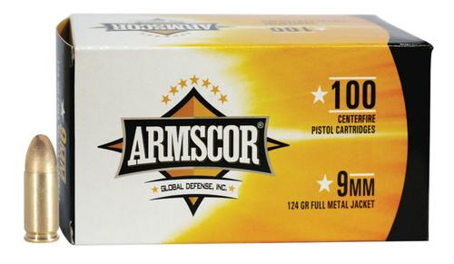 Armscor Pistol Ammunition 50445, 9mm Luger, Full Metal Jacket, 124 gr, 1092 fps, 100 Rd/Bx
