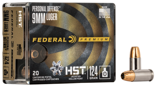 Federal Premium Personal Defense Pistol Ammunition P9HST1S, 9MM, HST Jacketed Hollow (HP), 124 GR, 1150 fps, 20 Rd/bx