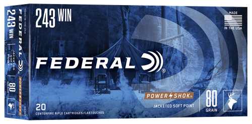Federal Premium Power Shok Rifle Ammunition 243AS, 243 Winchester, Speer Hot-Cor SP, 80 GR, 3330 fps, 20 Rd/bx