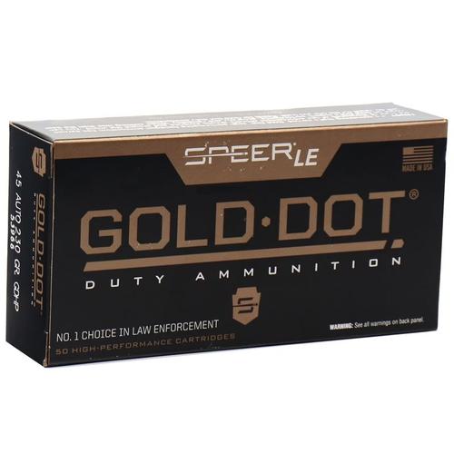 Speer Gold Dot Duty Handgun Ammunition 53966, 45 ACP, Gold Dot HP, 230 GR, 890 fps, 50 Rd/bx