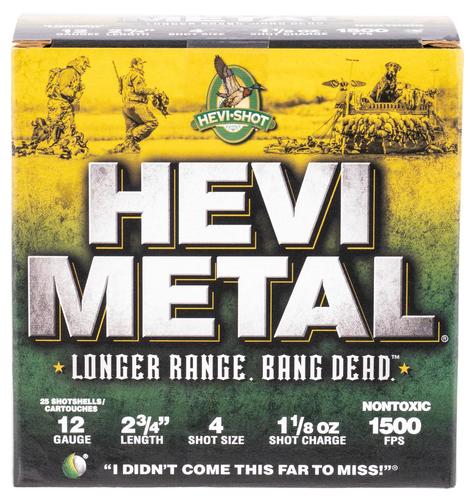 HEVI-Metal Longer Range Shotshells HS38704, 12 Gauge, 2-3/4", 1 1/8 oz, 1500 fps, #4 Steel Shot, 25 Rds/bx