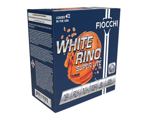 Fiocchi White Rino Super Lite Shotshells 12WRSL8, 12 Gauge, 2-3/4", 1-1/8 oz, 1150 fps, #8 Lead Shot, 25 Rd/bx