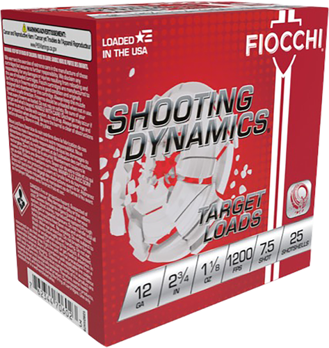 Fiocchi Shooting Dynamics Heavy Clay Target Loads 12SD18H75, 12 Gauge, 2-3/4", 1-1/8 oz, 1200 fps, #7.5 Lead Shot , 25 Rds/Bx