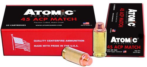 Atomic Match Pistol Ammunition 448, 45 Automatic Colt Pistol ACP, Semi Wadcutter, 185 gr, 900 fps, 50 Rd/Bx