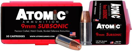 Atomic Subsonic Pistol Ammunition 00438, 9mm +P, Bonded Mathc HP, 147 GR, 900 fps, 50 Rds/Bx