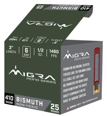 Migra Mono Series Bismuth Shotshells M410B6, 410 Gauge, 3", 11/16 oz, 1460 fps, #6 Shot, 25 Rds/box