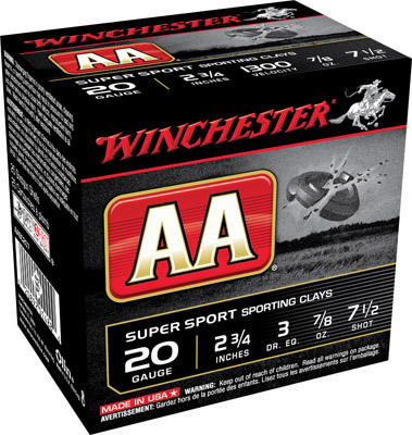 Winchester AA SuperSport Sporting Clays AASC207, 20 Gauge, 2-3/4", 7/8 oz, 1300 fps, #7.5 Lead Shot, 25 Rds/Bx