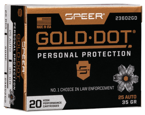 Speer Gold Dot Personal Protection Handgun Ammunition 23602GD, 25 ACP, Gold Dot HP, 35 GR, 900 fps, 20 Rd/bx