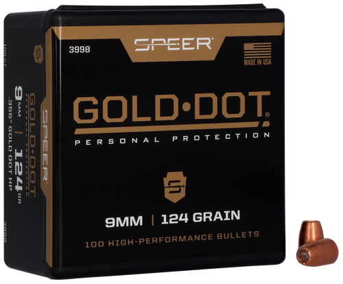 Speer 9MM Caliber 124 Grain Gold Dot Hollow Point 100/Box (3998), Not Loaded