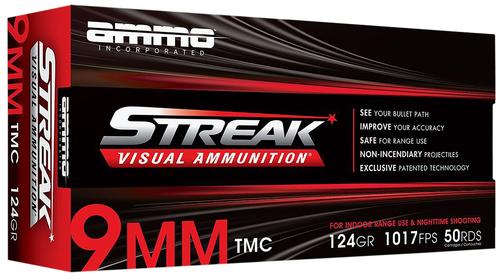 Ammo Inc Streak Visual (RED) Self Defense Pistol Ammunition 9124TMCSTRKRED50, 9mm Luger, Total Metal Case, 124 GR, 1065 fps, 50 Rd/bx