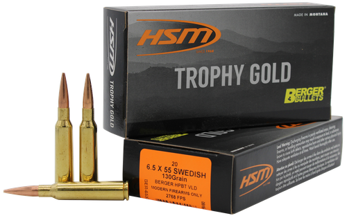 HSM Custom Plus Rifle Ammunition BER65X55130V, 6.5mmX55mm, Boat Tail Hollow Point (HP), 130 GR, 2760 fps, 20 Rd/bx