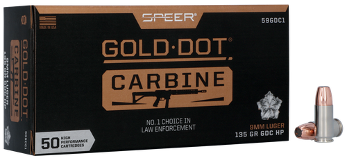 Speer Gold Dot Carbine Ammunition 59GDC1, 9MM, Gold Dot HP, 135 GR, 1170 fps, 50 Rd/bx