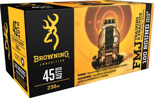 Browning Training & Practice Pistol Ammunition B191800454, 45 ACP, Full Metal Jacket, 230 GR, 920 fps, 100 Rd/Bx