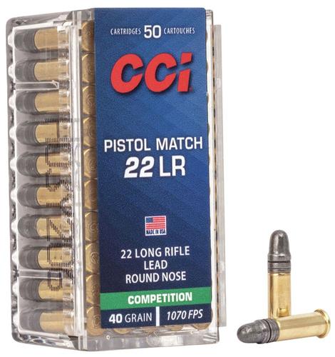 CCI Pistol Match Competition Rimfire Ammunition 0051, 22 Long Rifle, Round Nose (RN), 40 GR, 1070 fps, 50 Rd/bx
