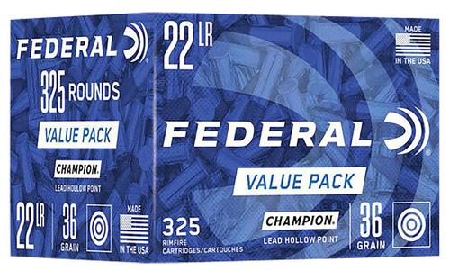 Federal Champion Training Rimfire Ammunition 749, 22 LR, Lead Hollow Point, 36 gr, 1260 fps, 325 Rds/Bx