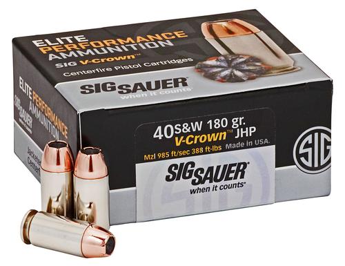 Sig Sauer Elite V-Crown Pistol Ammunition E40SW250, 40 S&W, JHP, 180 gr, 985 fps, 50 Rd/Bx
