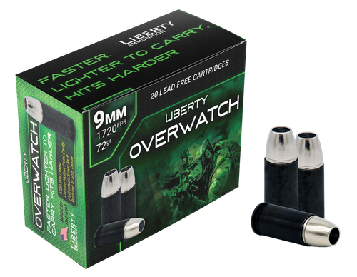 Liberty OverWatch Pistol Ammunition LAOW9MM721700, 9mm Luger, Open Cavity Design (OCD), 72 gr, 1720 fps, 20 Rd/Bx