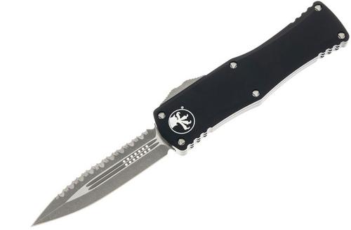 Microtech Hera Automatic Out The Front Knife, Double Edge Fully Serratred Apocalyptic Blade, Black Handle (702-12AP)