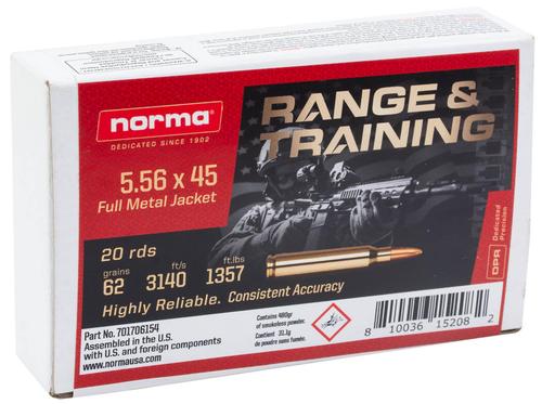 Norma Range & Training Rifle Ammunition 701706154, 5.56x45mm NATO, Full Metal Jacket, 62 gr, 1357 ft lbs, 20 Rd/Bx