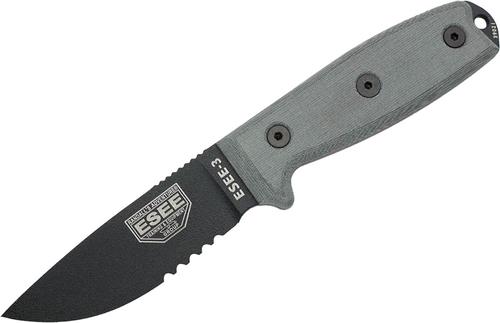 ESEE Knives ESEE-3 Fixed Blade Knife w/Black Blade, Serrated Edge, Modified Pommel (ESEE-3SM-B)