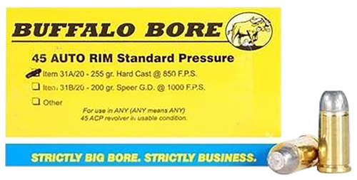 Buffalo Bore Handgun Ammunition 31A/20, 45 Auto Rim, Hollow Core Flat Nose (FN), 255 GR, 850 fps, 20 Rd/Bx