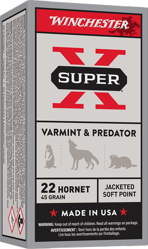 Winchester Super-X Rifle Ammunition X22H1, 22 Hornet, Soft Point (SP), 45 GR, 2690 fps, 50 Rd/bx