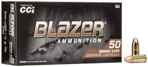 CCI Blazer Brass Pistol Ammunition 5200, 9mm, Full Metal Jacket (FMJ), 115 GR, 1145 fps, 50 Rd/bx