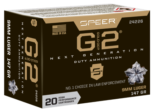 Speer Gold Dot G2 Handgun Ammunition 24226, 9MM, Gold Dot HP, 147 GR, 970 fps, 20 Rd/bx