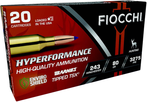 Fiocchi Shooting Dynamics Rifle Ammunition 243TTSX, 243 Winchester, Tipped TSX Lead Free, 80 GR, 3275 fps, 20 Rd/Bx