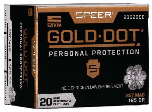 Speer Gold Dot Personal Protection Handgun Ammunition 23920GD, 357 Mag, Gold Dot HP, 125 GR, 1450 fps, 20 Rd/bx