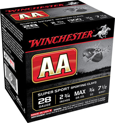 Winchester AA SuperSport Sporting Clays AASC287, 28 Gauge, 2-3/4", 3/4 oz, 1300 fps, #7.5 Lead Shot, 25 Rds/Bx