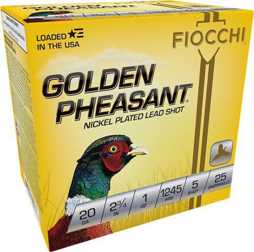 Fiocchi Golden Pheasant 20GP5, 20 Gauge, 2-3/4", 1 oz, 1245 fps, #5 Nickel-Plated Lead Shot, 25 Rds/Bx