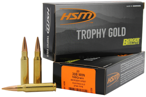 HSM Trophy Gold Rifle Ammunition 308168VLD, 308 Winchester, Berger Hunting VLD, 168 GR, 2740 fps, 20 Rd/bx