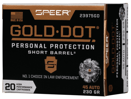 Speer Gold Dot Short Barrel Personal Protection Handgun Ammunition 23975GD, 45 ACP, Gold Dot HP, 230 GR, 820 fps, 20 Rd/bx