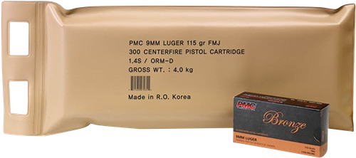 PMC Bronze Line Pistol Ammunition Battle Pack 9ABP, 9 mm, Full Metal Jacket (FMJ), 115 GR, 1150 FPS, 300 Rd/bx