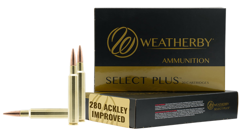 Weatherby Select Plus Rifle Ammunition F280A150SCO, 280 Ackley Improved, Swift Scirocco, 150 gr, 2925fps, 20 Rd/Bx