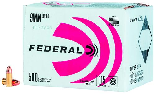 Federal Cartridge Champion Training Pistol Ammunition C9115A500, 9mm, Full Metal Jacket (FMJ), 115 GR, 1125 fps, 500 Rd/bx