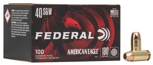 Federal American Eagle Pistol Ammunition AE40R100, 40 S&W, Full Metal Jacket (FMJ), 180 GR, 1000 fps, 100 Rd/bx