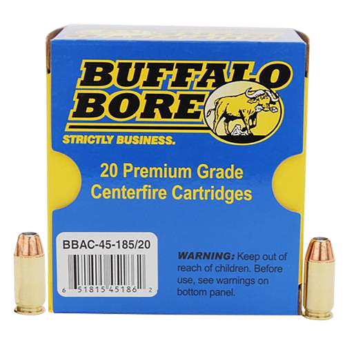 Buffalo Bore Handgun Ammunition 45-185/20, 45 ACP +P, Jacketed Hollow Point (JHP), 185 GR, 1150 fps, 20 Rd/Bx