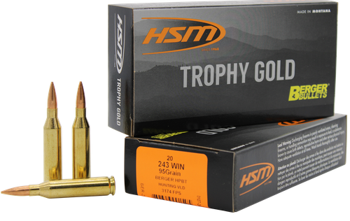 HSM Trophy Gold Rifle Ammunition 24395VLD, 243 Winchester, Berger Hunting VLD, 95 GR, 3174 fps, 20 Rd/bx
