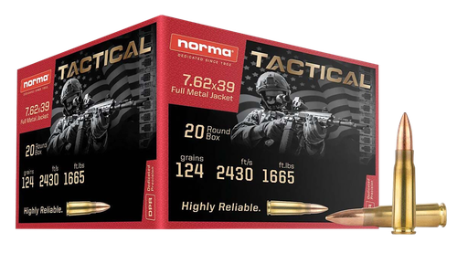 Norma Tactical Rifle Ammunition 295540020, 7.62x39mm, Full Metal Jacket, 124 Gr, 2430 FPS, 20 Rd/bx