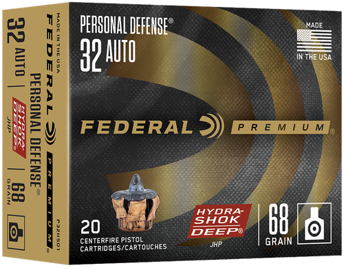 Federal Hydra-Shok Deep Personal Defense P32HSD1, 32 ACP, Jacketed Hollow Point (JHP), 68 GR, 1000 fps, 20 Rd/bx