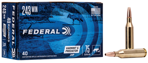 Federal American Eagle Varmint & Predator Rifle Ammunition AE24375VP, 243 Winchester, JHP, 75 GR, 3375 fps, 40 Rd/bx