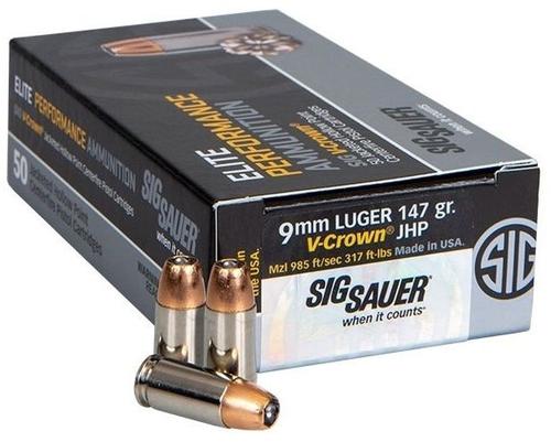 Sig Sauer Elite Performance Pistol Ammunition E9MMA350, 9mm, JHP V-Crown, 147 GR, 985 fps, 50 Rd/bx