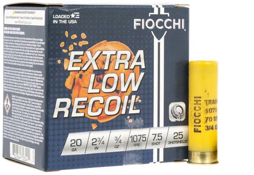 Fiocchi Low Recoil Trainer 20LITE75, 20 Gauge, 2-3/4", 3/4 oz, 1075 fps, #7.5 Lead Shot, 25 Rds/Bx