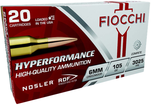 Fiocchi Hyperformance Rifle Ammunition 6CMRD, 6mm Creedmoor, Nosler Reduced Drag Factor, 105 gr, 3025 fps, 20 Rd/Bx