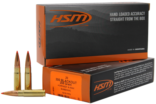 HSM Custom Plus Rifle Ammunition 300BLK-1-N, 300 AAC Blackout, Hornady A-Max Subsonic, 208 GR, 1015 fps, 20 Rd/bx